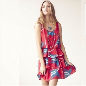 Anthropologie Sariah Tropical Silk Ribbon Grass Dress Red and Blue Ruffle
